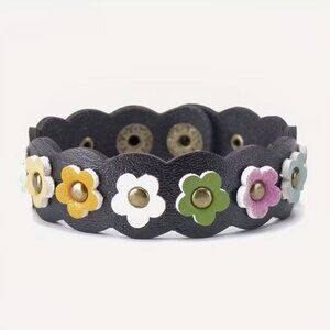 Boho Faux Leather Flower Power Bracelet 1555 (black)